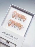 Nude White Pink Gold French tip Flower Shell Glitter press on nails
