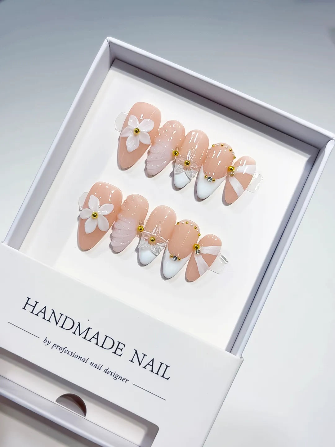 Nude White Pink Gold French tip Flower Shell Glitter press on nails