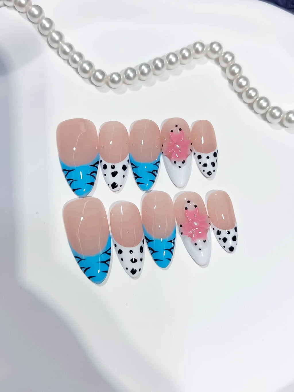 Nude Blue White Pink French tip Flower Dot Pattern Animal Print press on nails close up