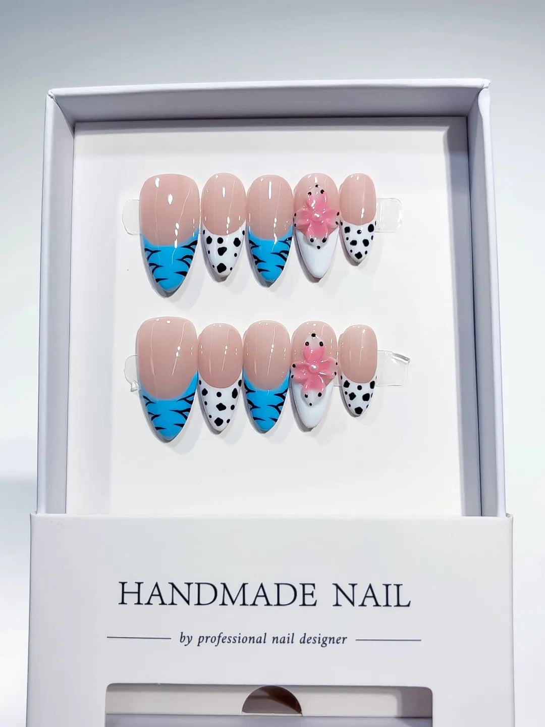 Nude Blue White Pink French tip Flower Dot Pattern Animal Print press on nails full set view