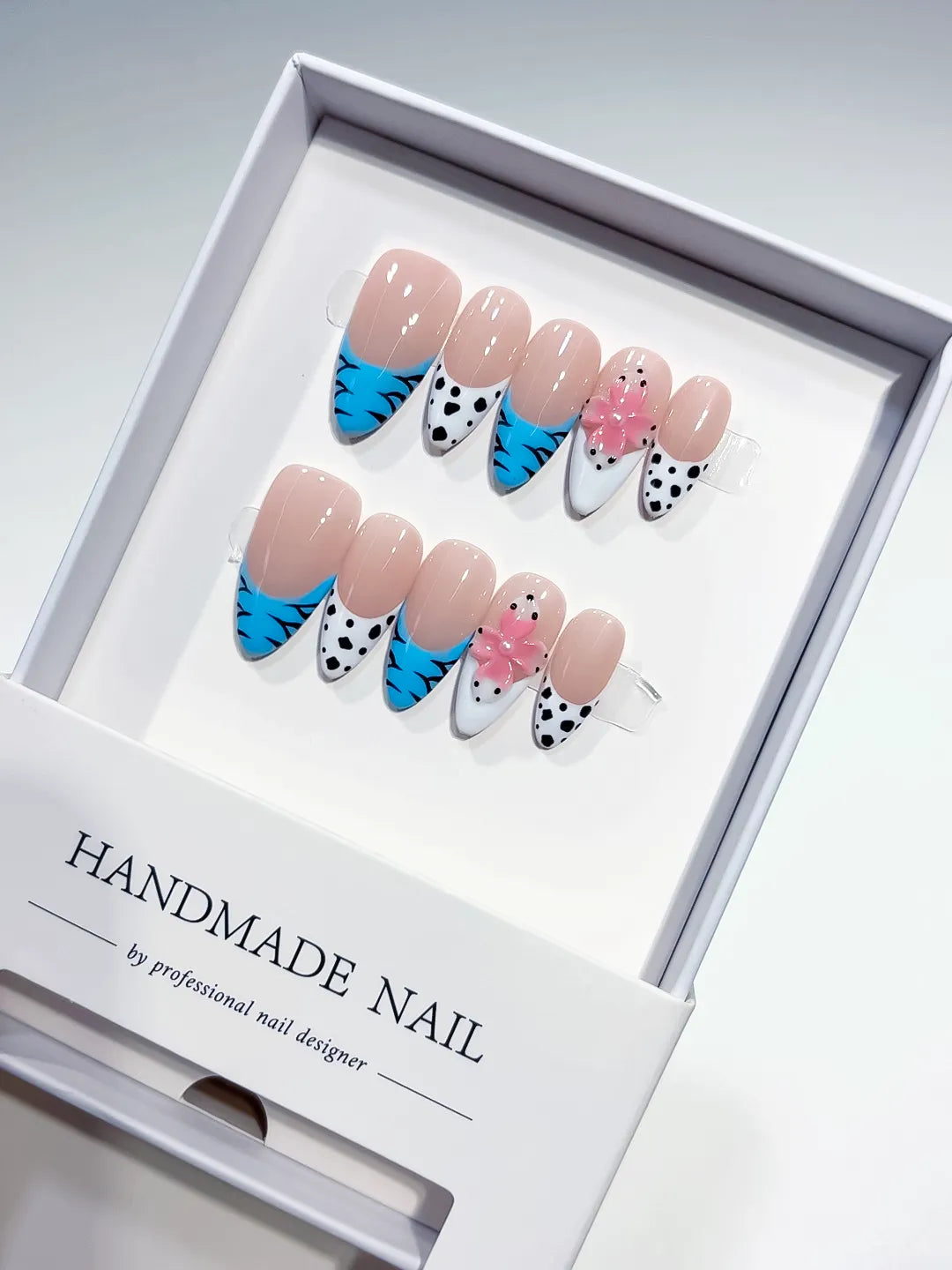 Nude Blue White Pink French tip Flower Dot Pattern Animal Print press on nails