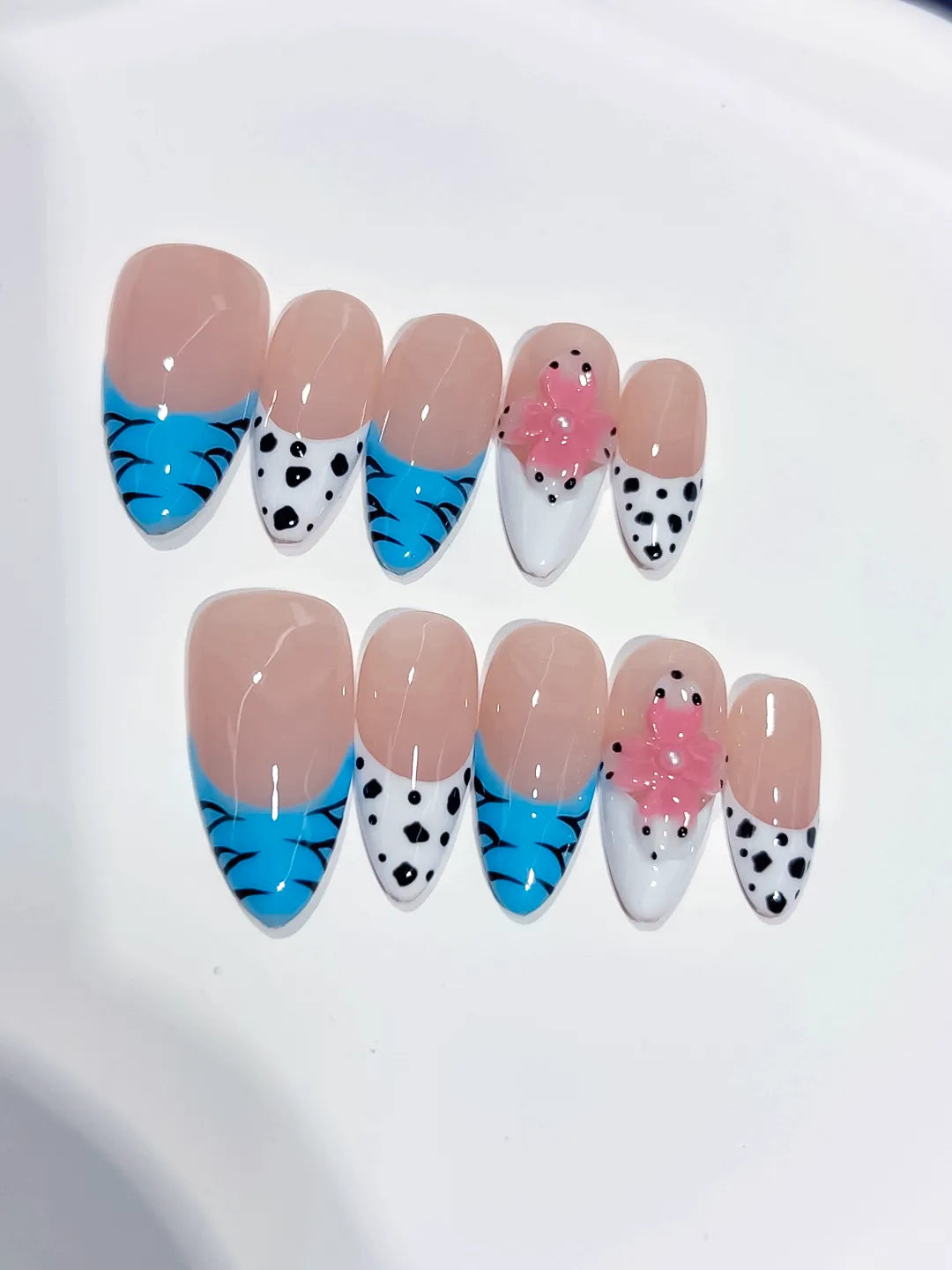 Nude Blue White Pink French tip Flower Dot Pattern Animal Print press on nails detail view
