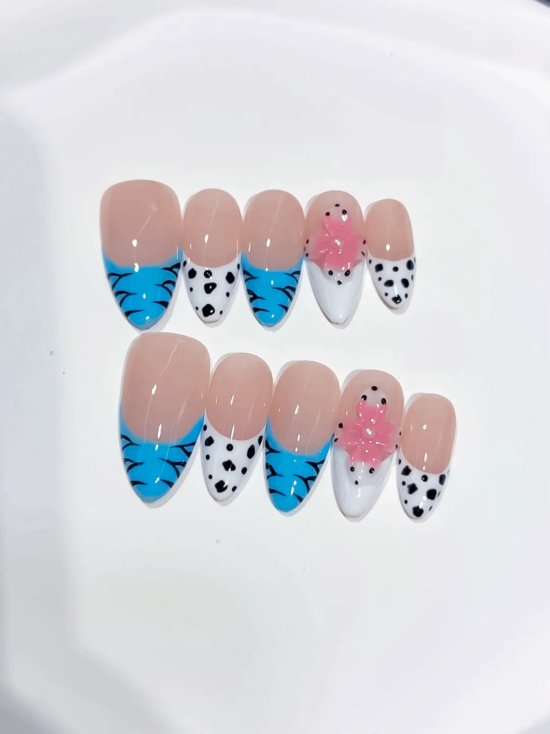 Nude Blue White Pink French tip Flower Dot Pattern Animal Print press on nails detail view