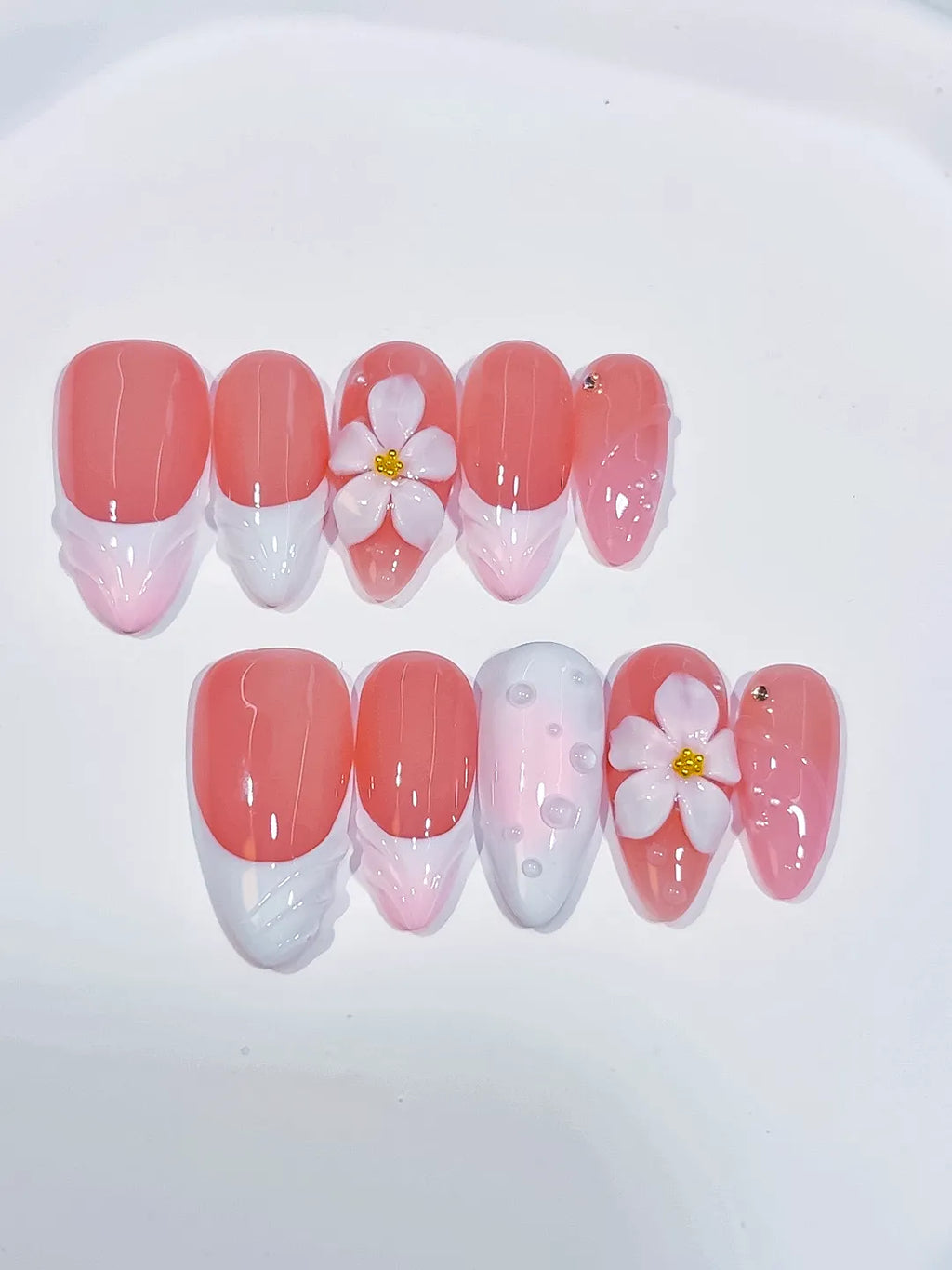 Pink White French tip Flower Shell press on nails close up