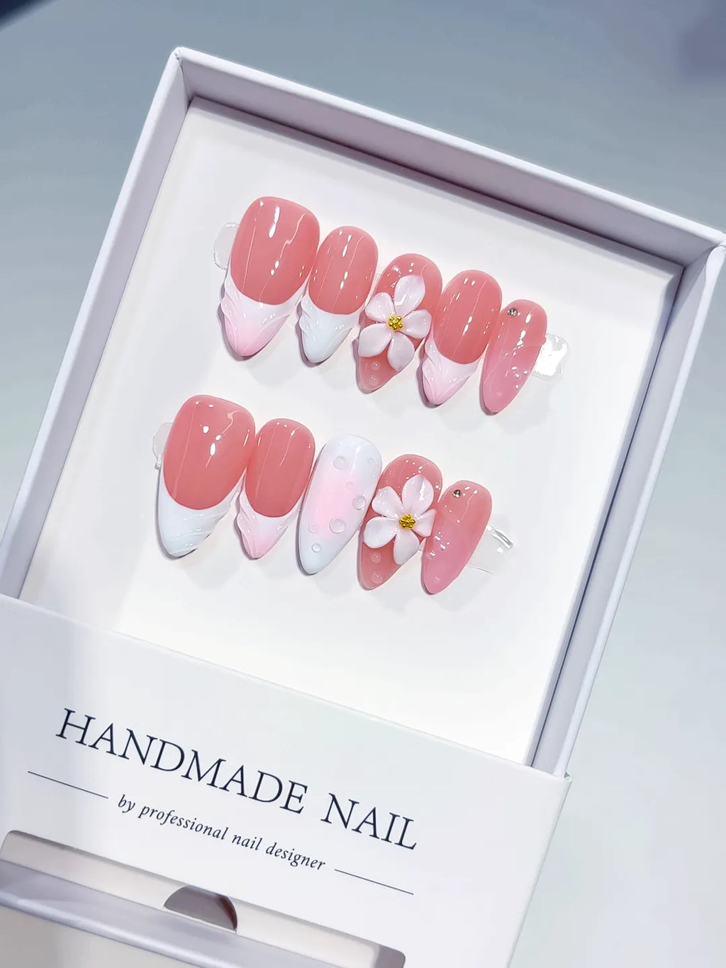 Pink White French tip Flower Shell press on nails