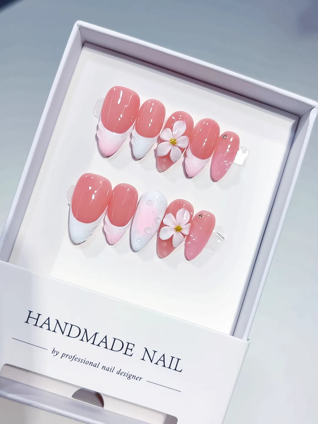 Pink White French tip Flower Shell press on nails