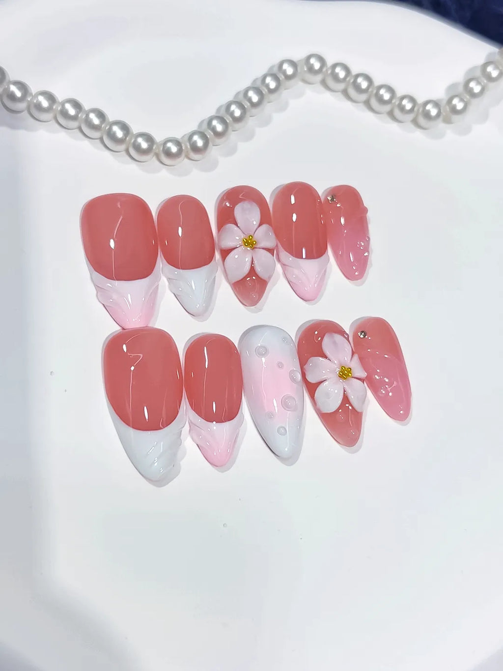 Pink White French tip Flower Shell press on nails detail view