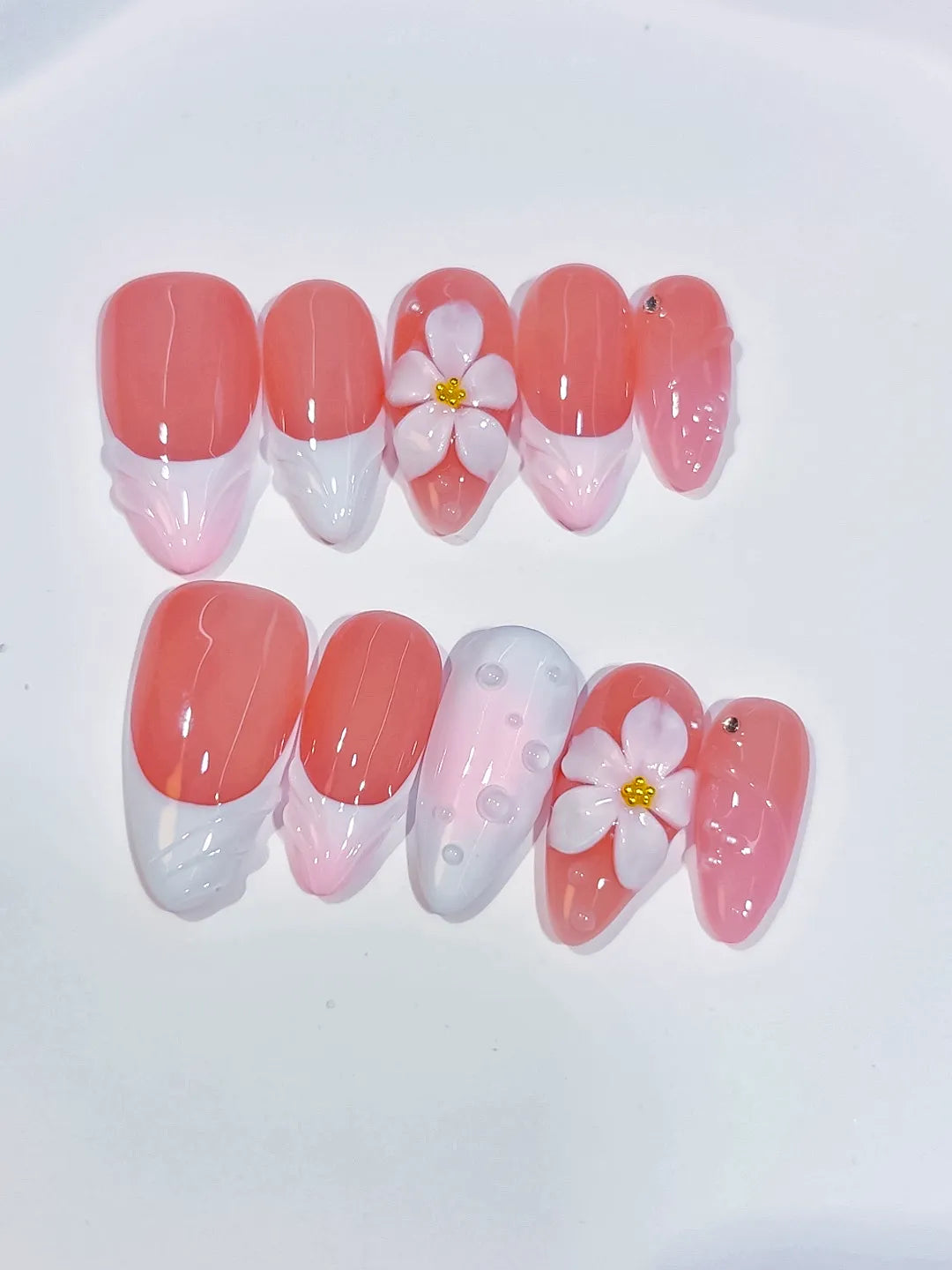 Pink White French tip Flower Shell press on nails detail view