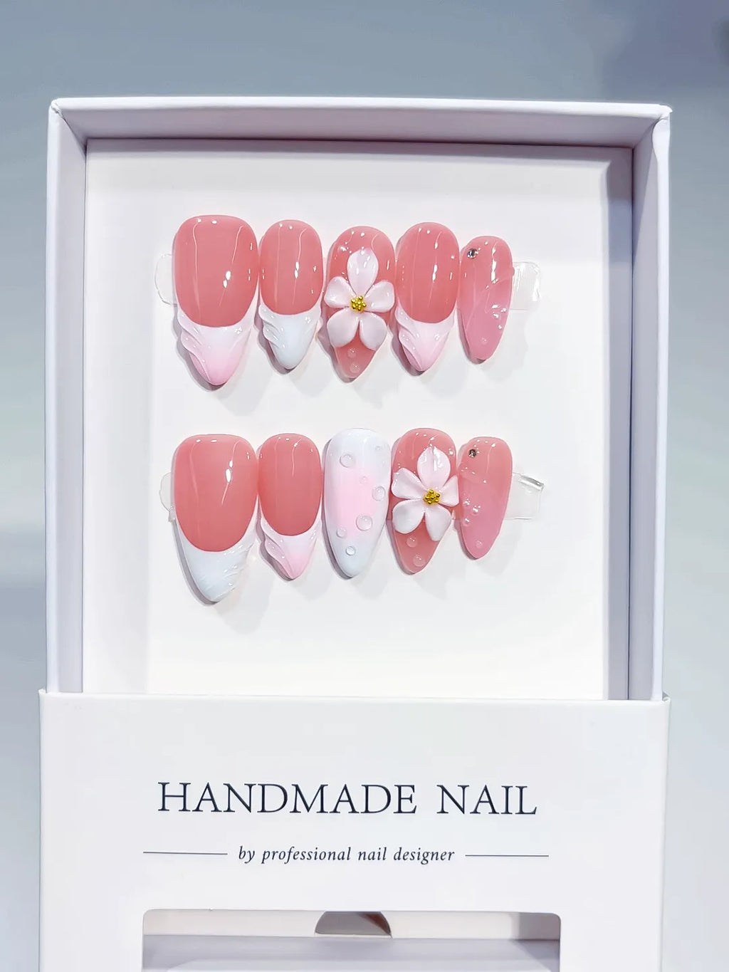 Pink White French tip Flower Shell press on nails full set view