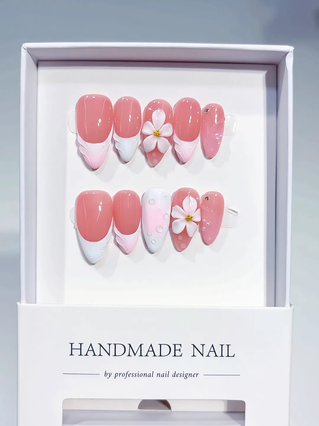 Pink White French tip Flower Shell press on nails full set view