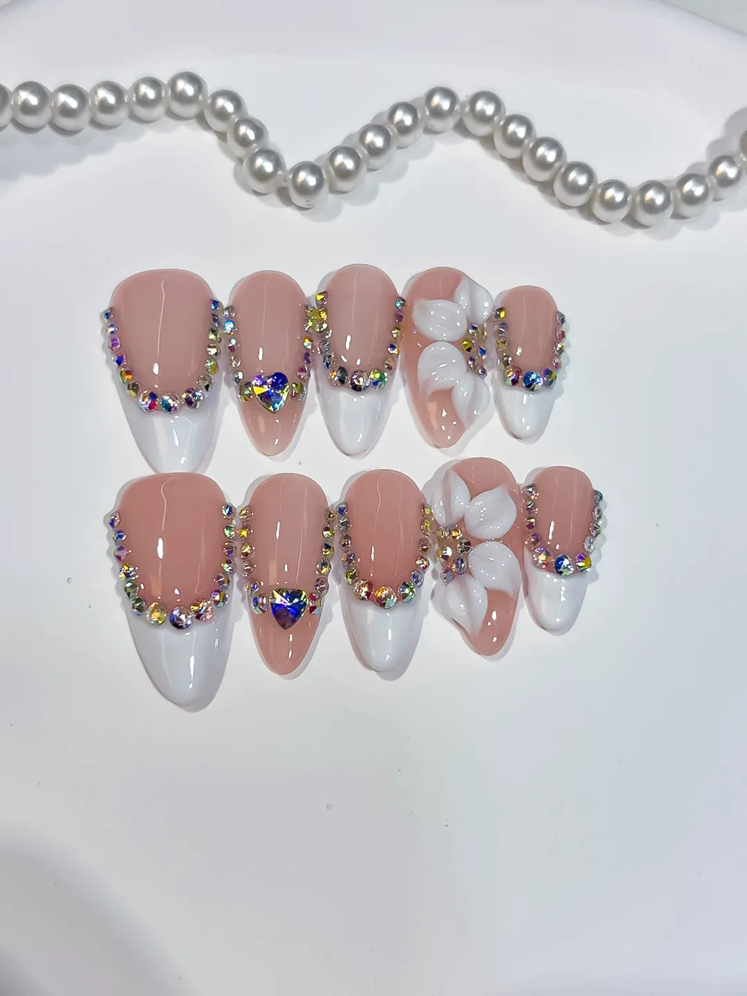 Nude White Silver French tip Flower Rhinestone press on nails close up