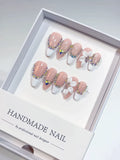 Nude White Silver French tip Flower Rhinestone press on nails