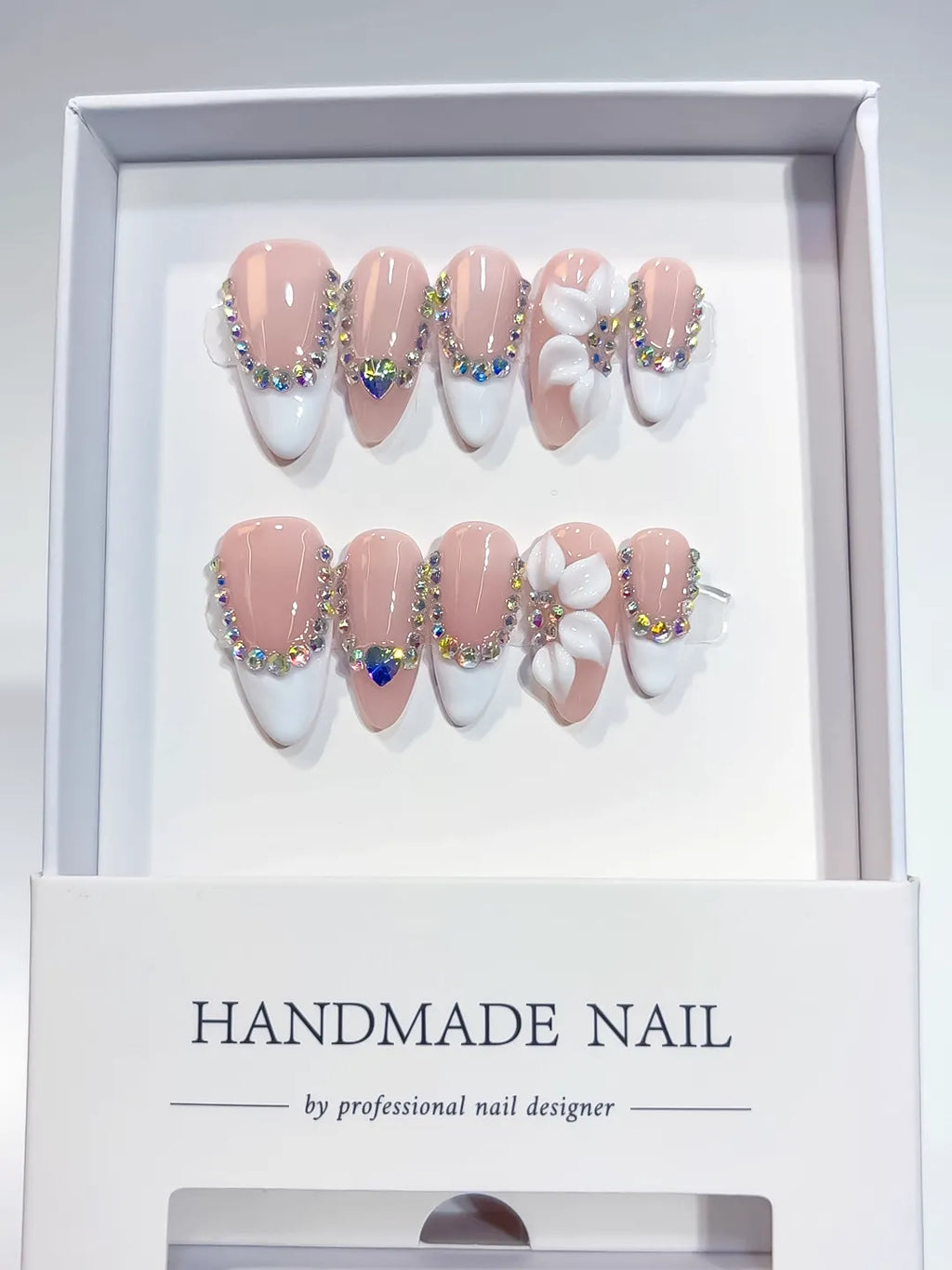 Nude White Silver French tip Flower Rhinestone press on nails full set view