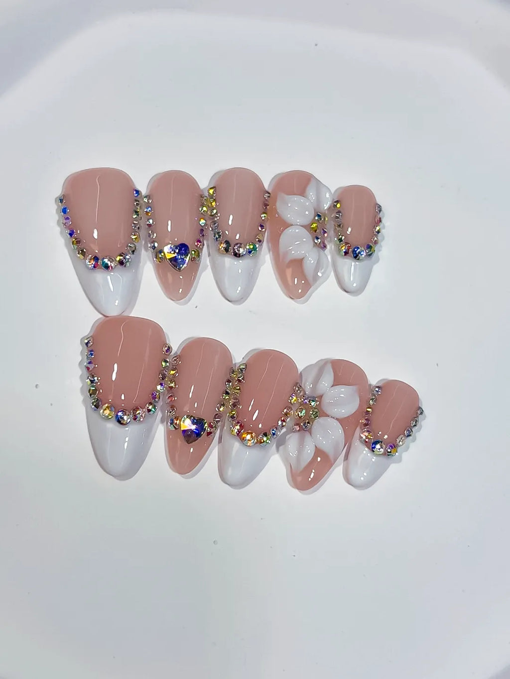Nude White Silver French tip Flower Rhinestone press on nails detail view