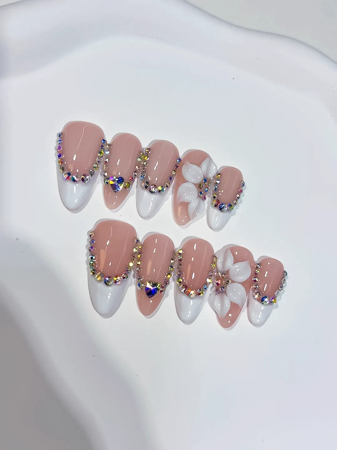 Nude White Silver French tip Flower Rhinestone press on nails detail view