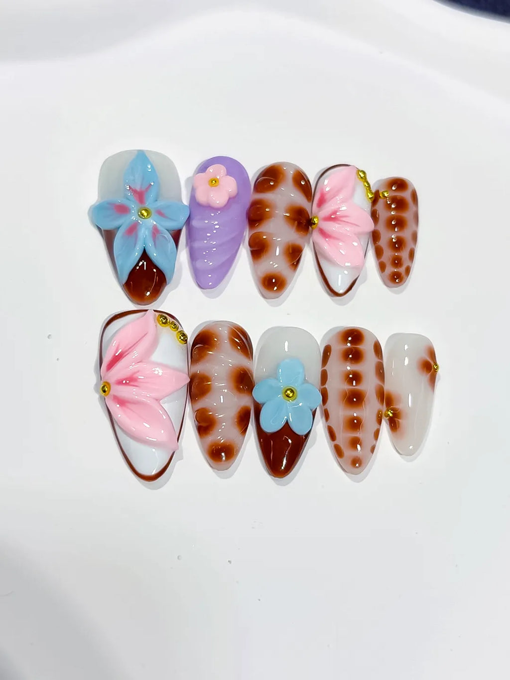White Brown Pink Blue Purple Abstract Flower Dot Pattern press on nails close up