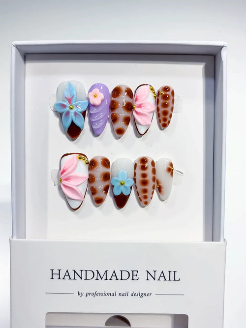White Brown Pink Blue Purple Abstract Flower Dot Pattern press on nails full set view