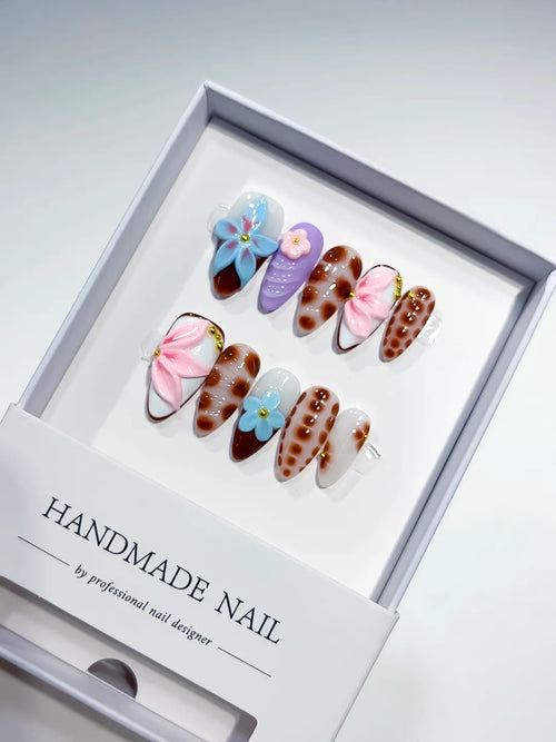 White Brown Pink Blue Purple Abstract Flower Dot Pattern press on nails