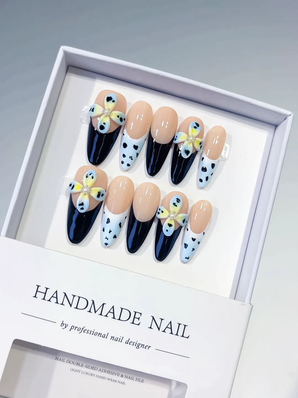 Nude Black White Yellow French tip Flower Heart press on nails