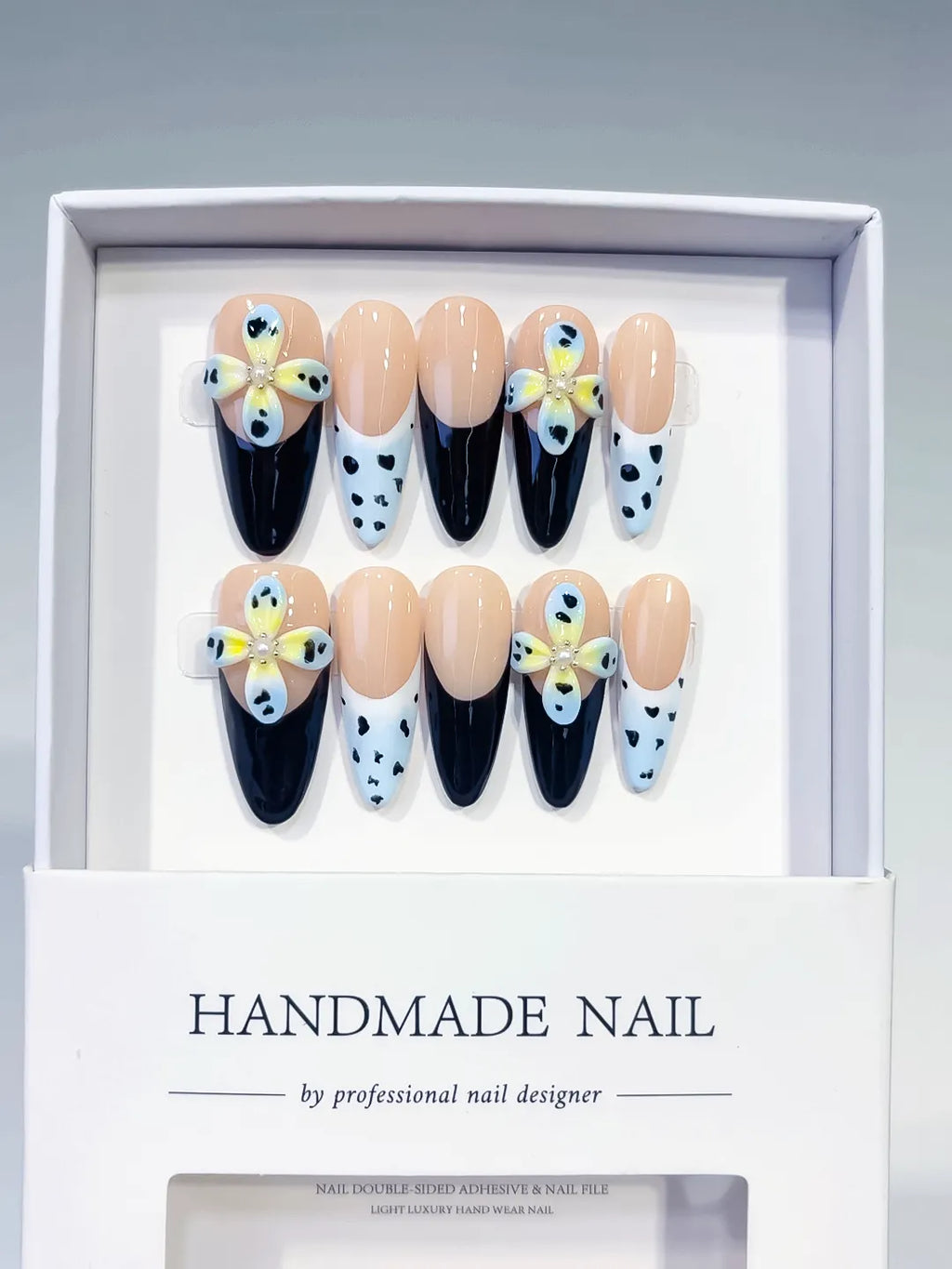 Nude Black White Yellow French tip Flower Heart press on nails full set view