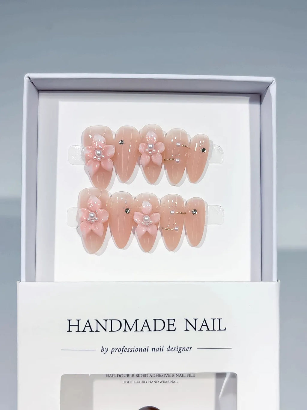 Nude Pink Silver Solid color Flower Pearl Rhinestone press on nails full set view