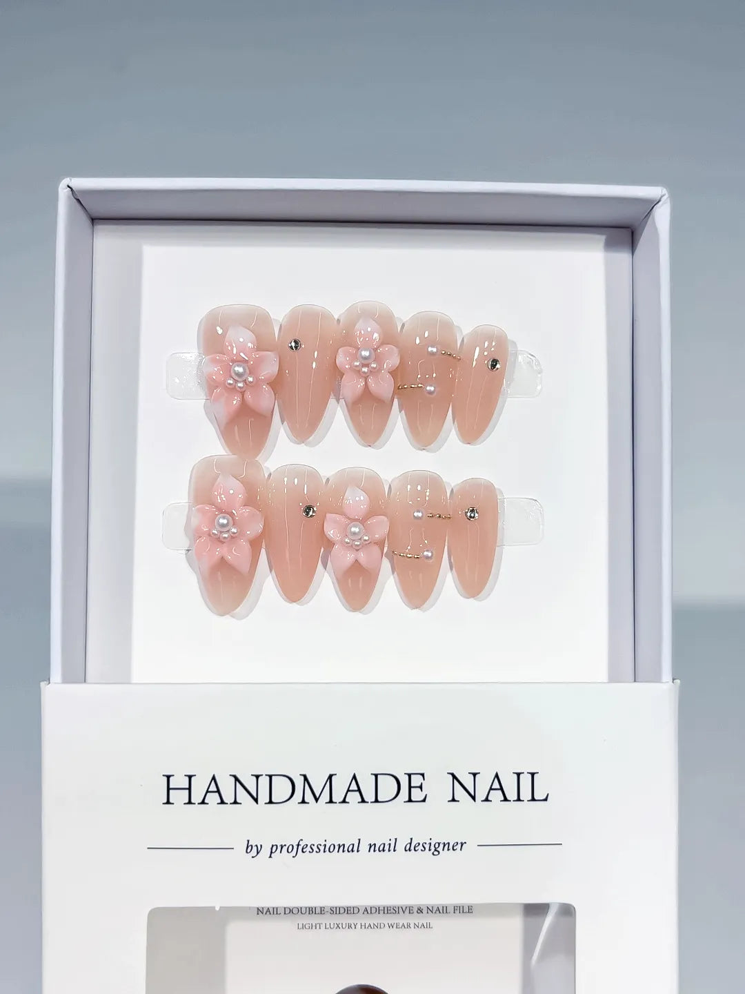 Nude Pink Silver Solid color Flower Pearl Rhinestone press on nails full set view