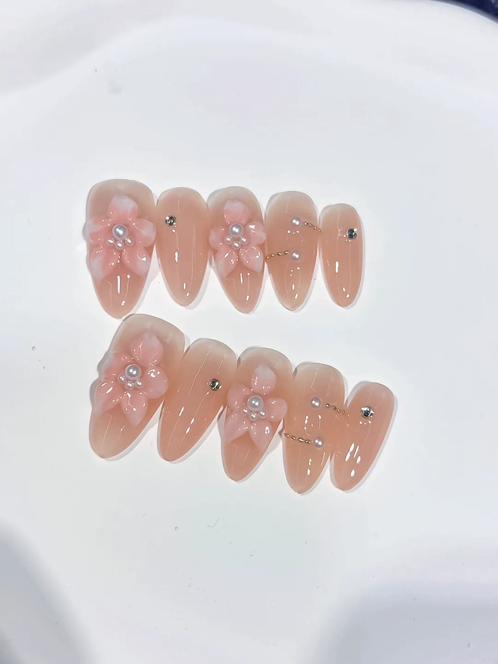 Nude Pink Silver Solid color Flower Pearl Rhinestone press on nails detail view