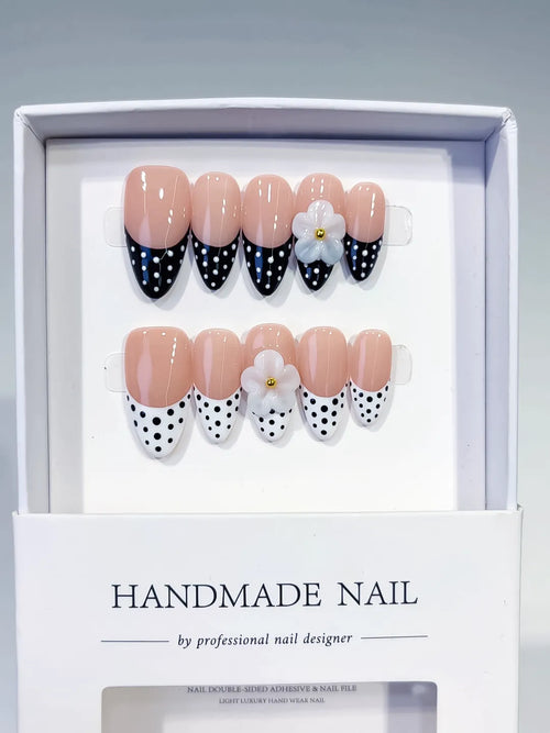 Nude Black White French tip Flower Dot Pattern press on nails full set view