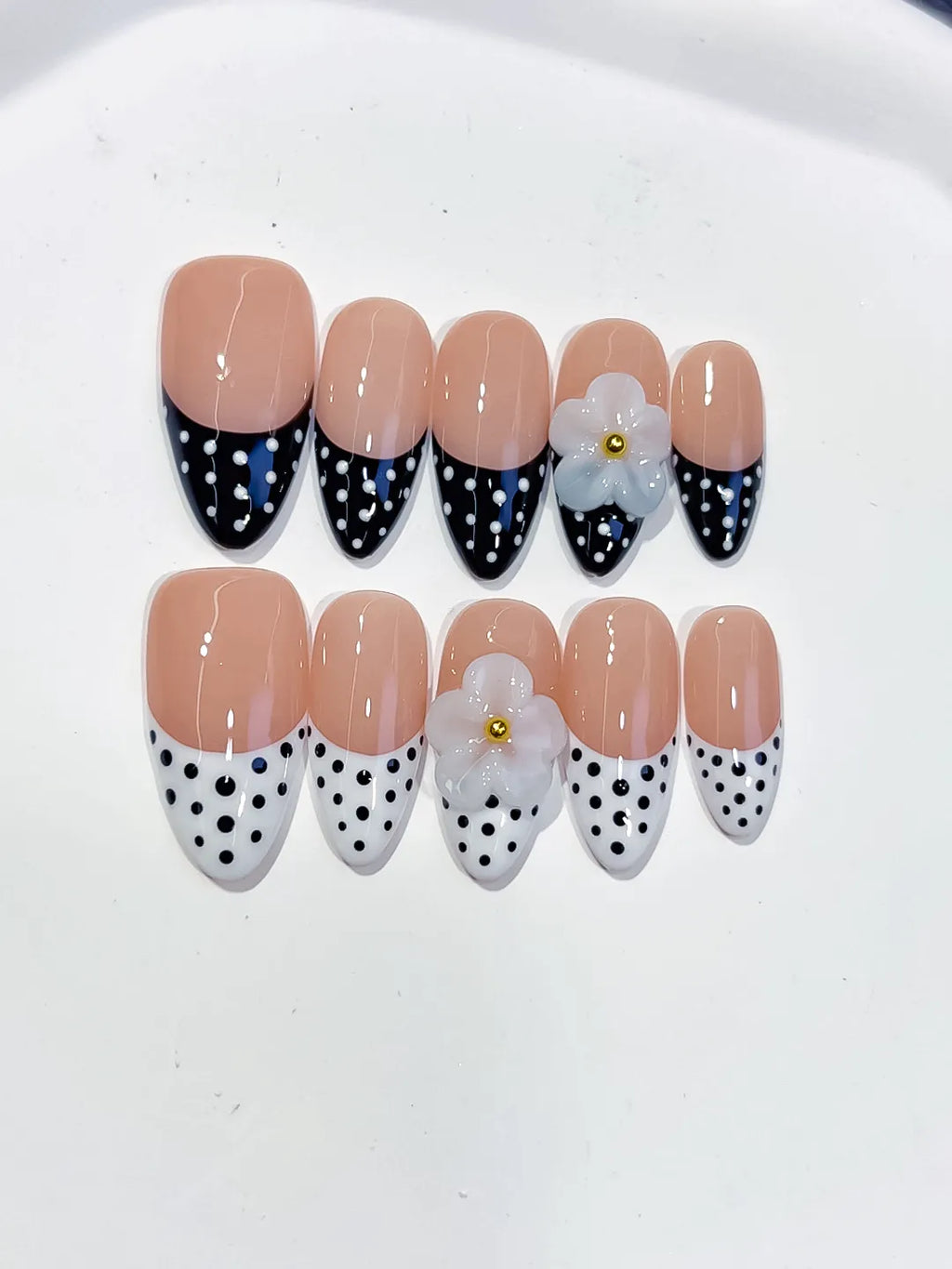 Nude Black White French tip Flower Dot Pattern press on nails detail view