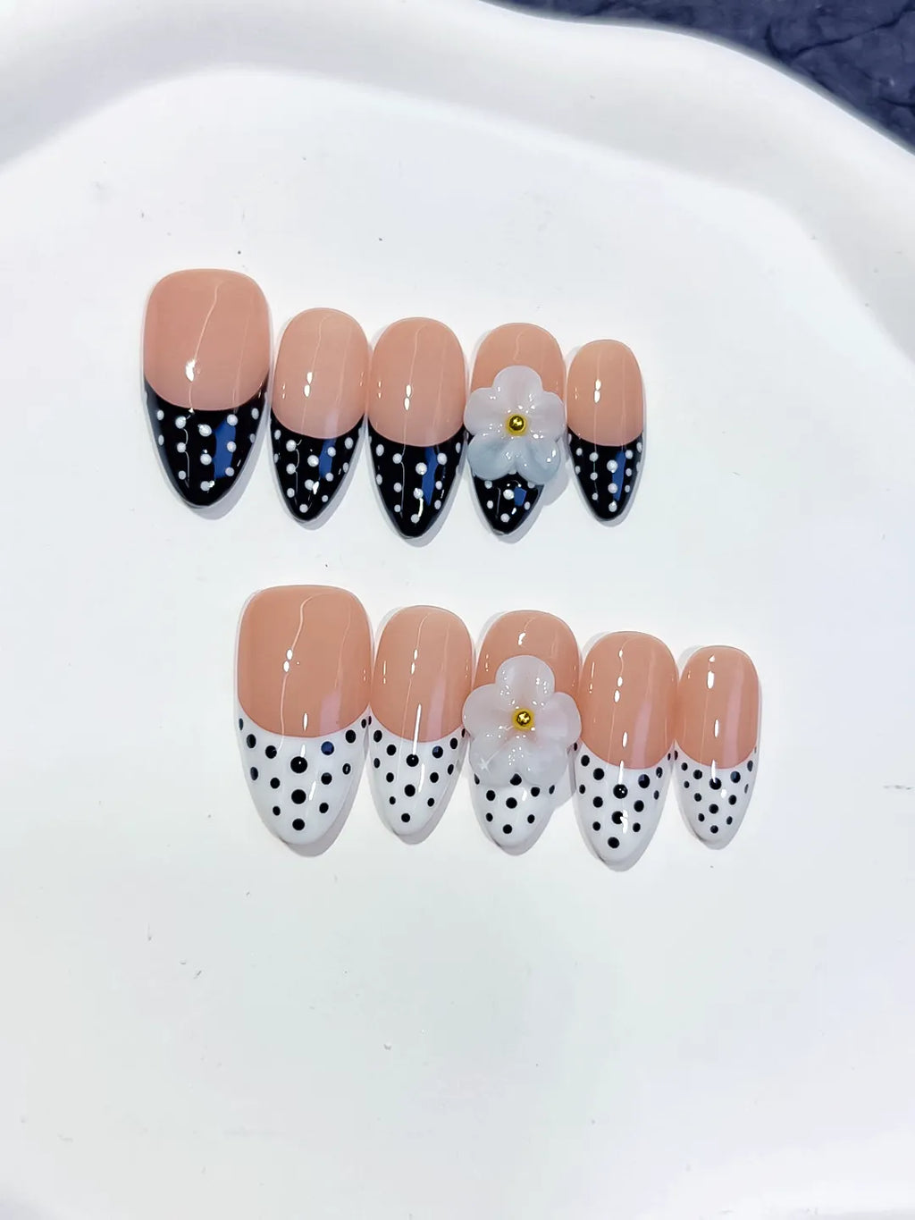 Nude Black White French tip Flower Dot Pattern press on nails detail view