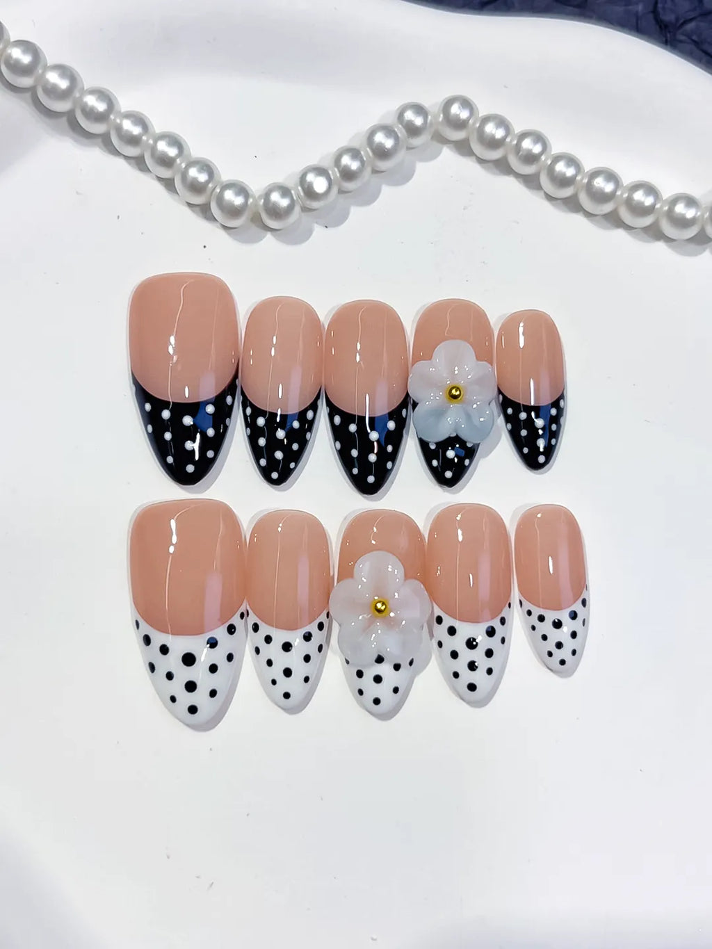 Nude Black White French tip Flower Dot Pattern press on nails detail view