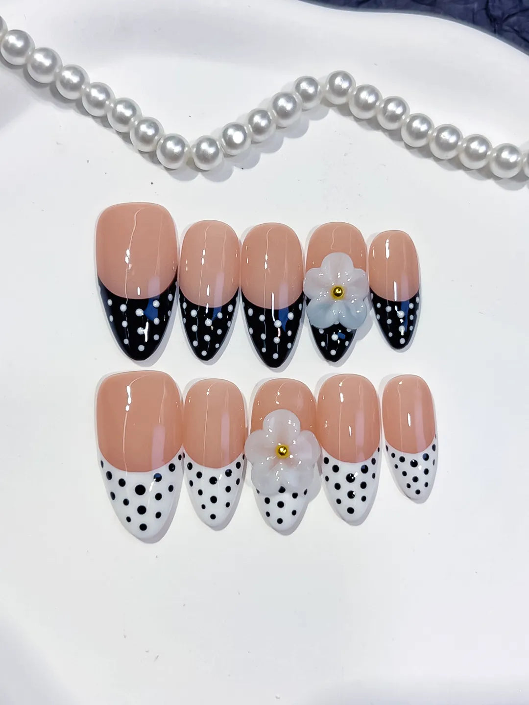 Nude Black White French tip Flower Dot Pattern press on nails detail view