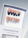 Nude Black White French tip Flower Dot Pattern press on nails