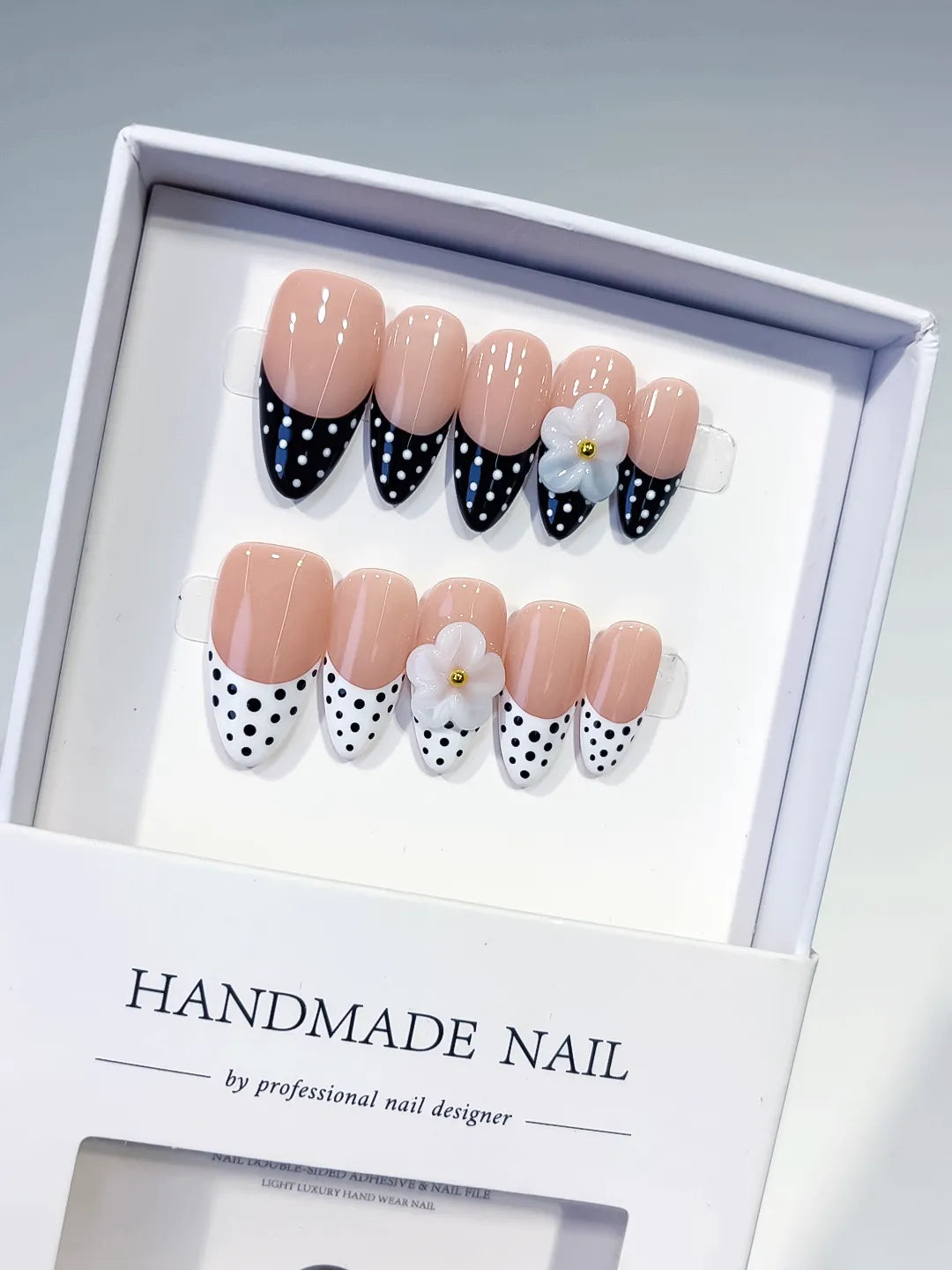 Nude Black White French tip Flower Dot Pattern press on nails