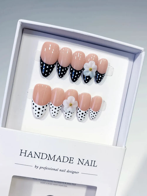 Nude Black White French tip Flower Dot Pattern press on nails