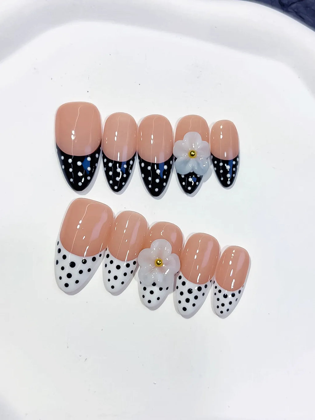 Nude Black White French tip Flower Dot Pattern press on nails close up