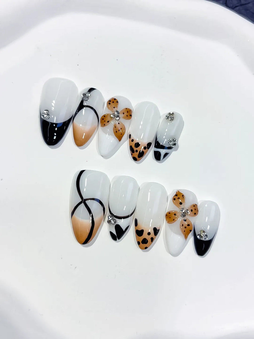 White Black Nude Brown Silver French tip Flower Animal Print Rhinestone press on nails close up