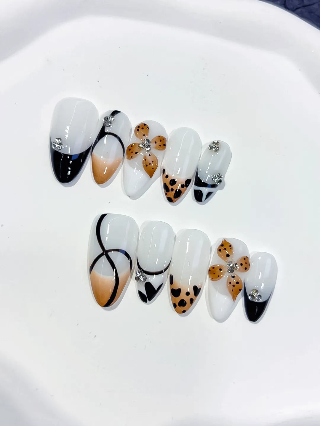 White Black Nude Brown Silver French tip Flower Animal Print Rhinestone press on nails close up