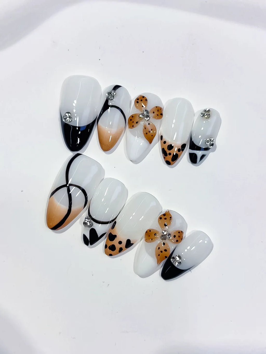 White Black Nude Brown Silver French tip Flower Animal Print Rhinestone press on nails detail view