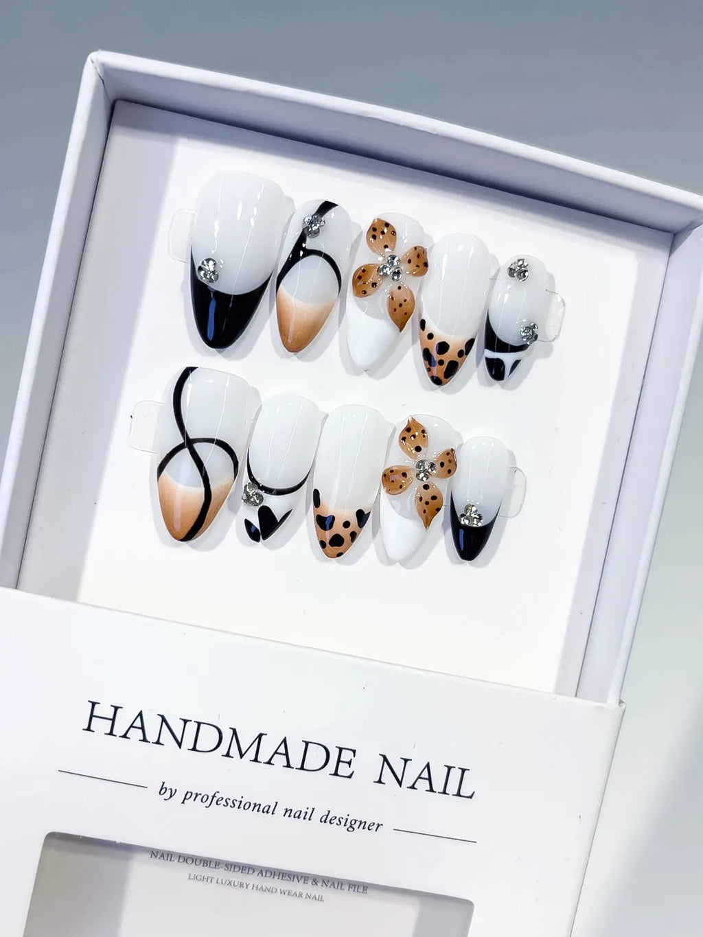 White Black Nude Brown Silver French tip Flower Animal Print Rhinestone press on nails