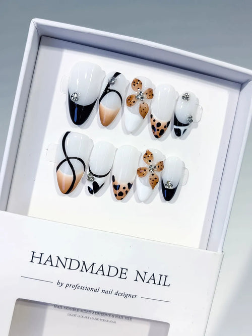 White Black Nude Brown Silver French tip Flower Animal Print Rhinestone press on nails