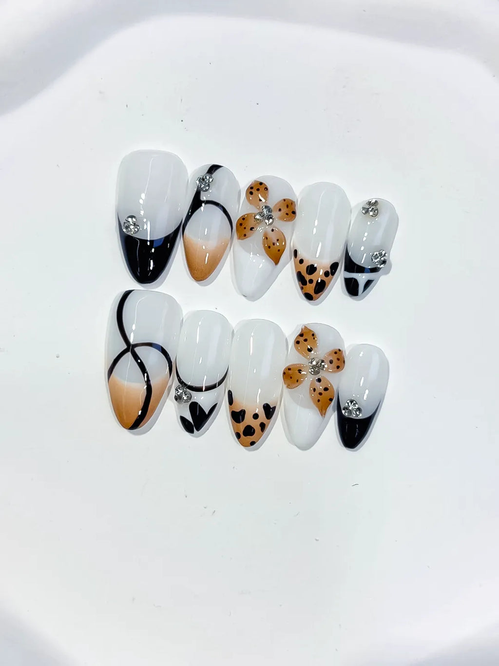 White Black Nude Brown Silver French tip Flower Animal Print Rhinestone press on nails detail view