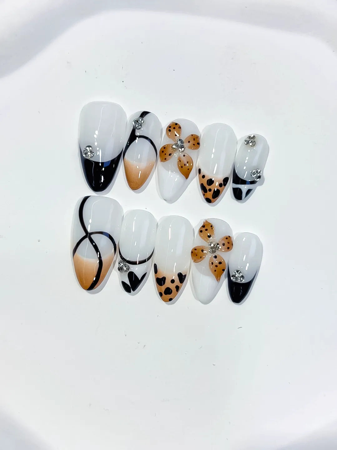 White Black Nude Brown Silver French tip Flower Animal Print Rhinestone press on nails detail view