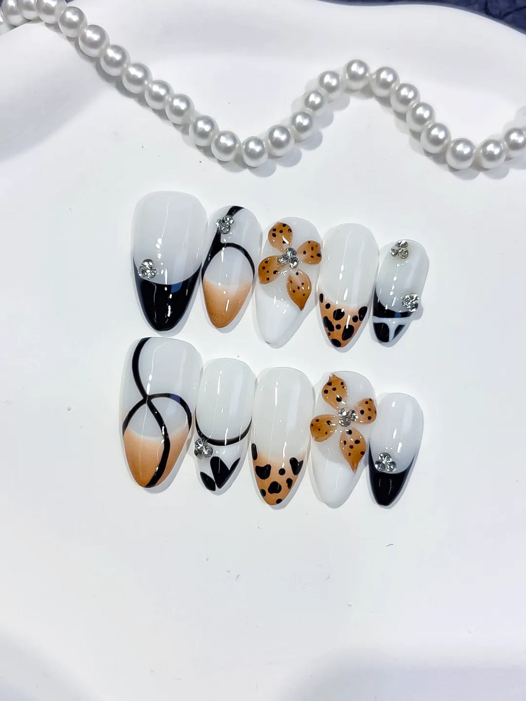 White Black Nude Brown Silver French tip Flower Animal Print Rhinestone press on nails detail view