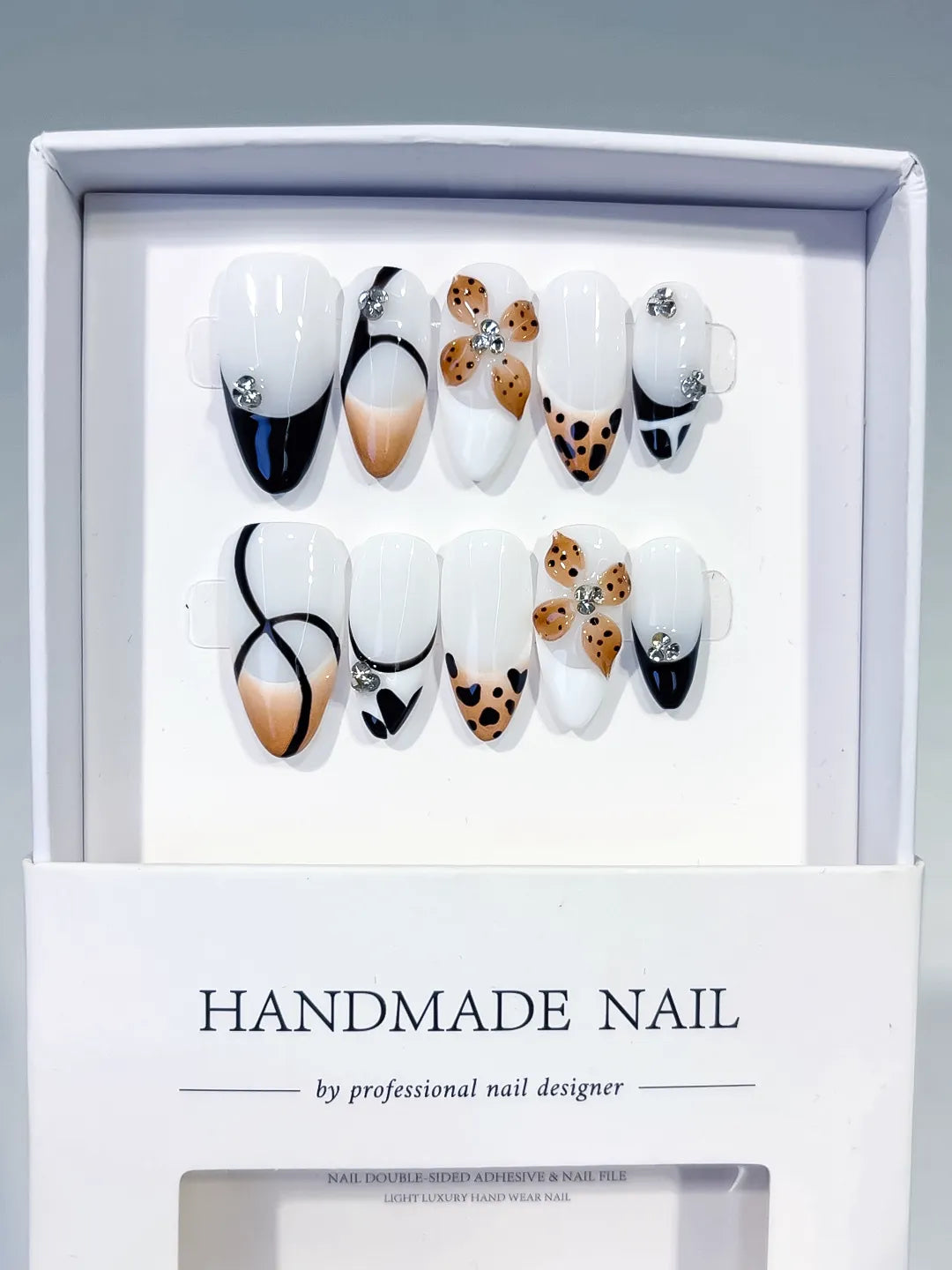 White Black Nude Brown Silver French tip Flower Animal Print Rhinestone press on nails full set view