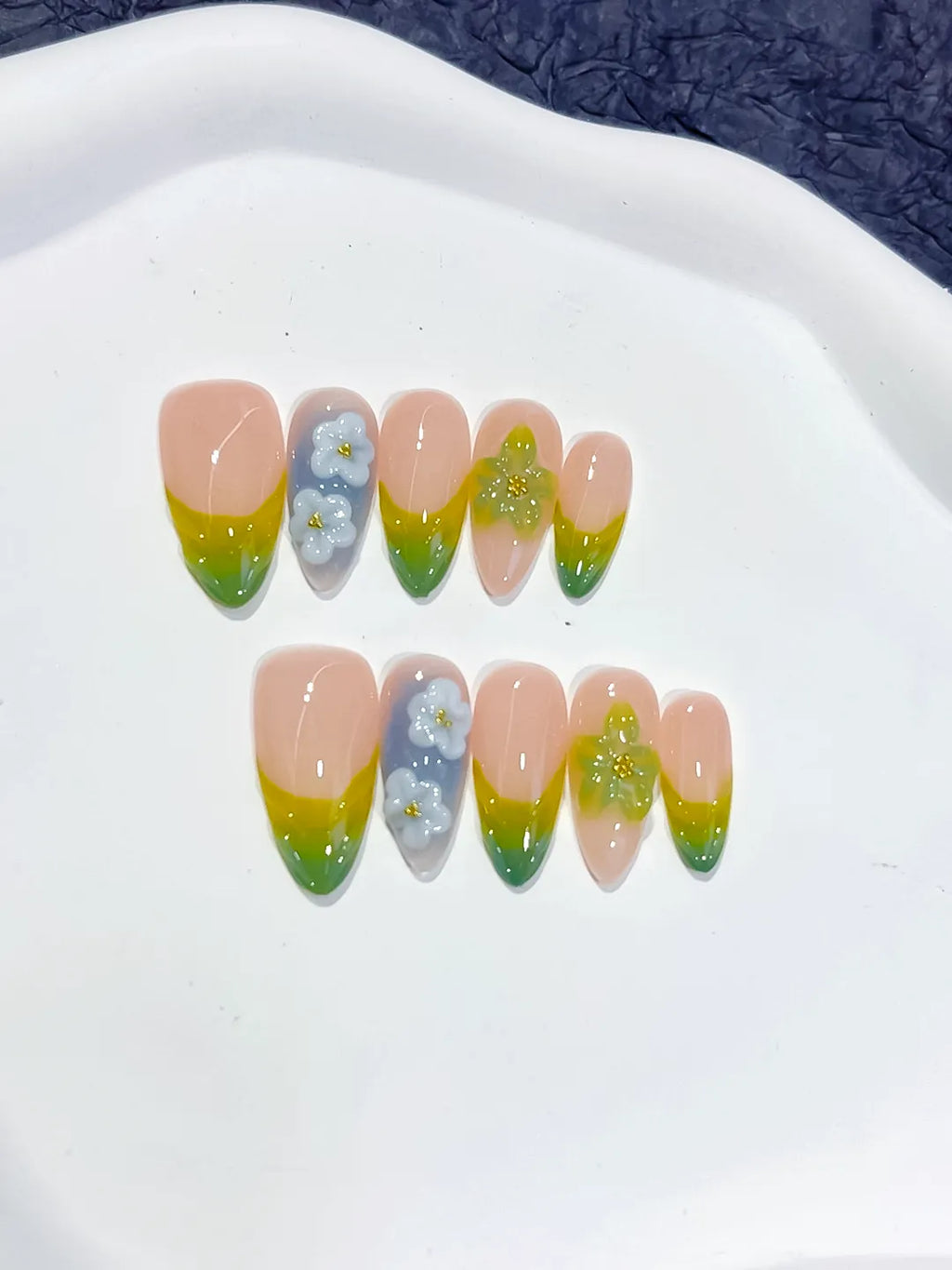 Nude Green Yellow Blue French tip Flower Butterfly press on nails close up