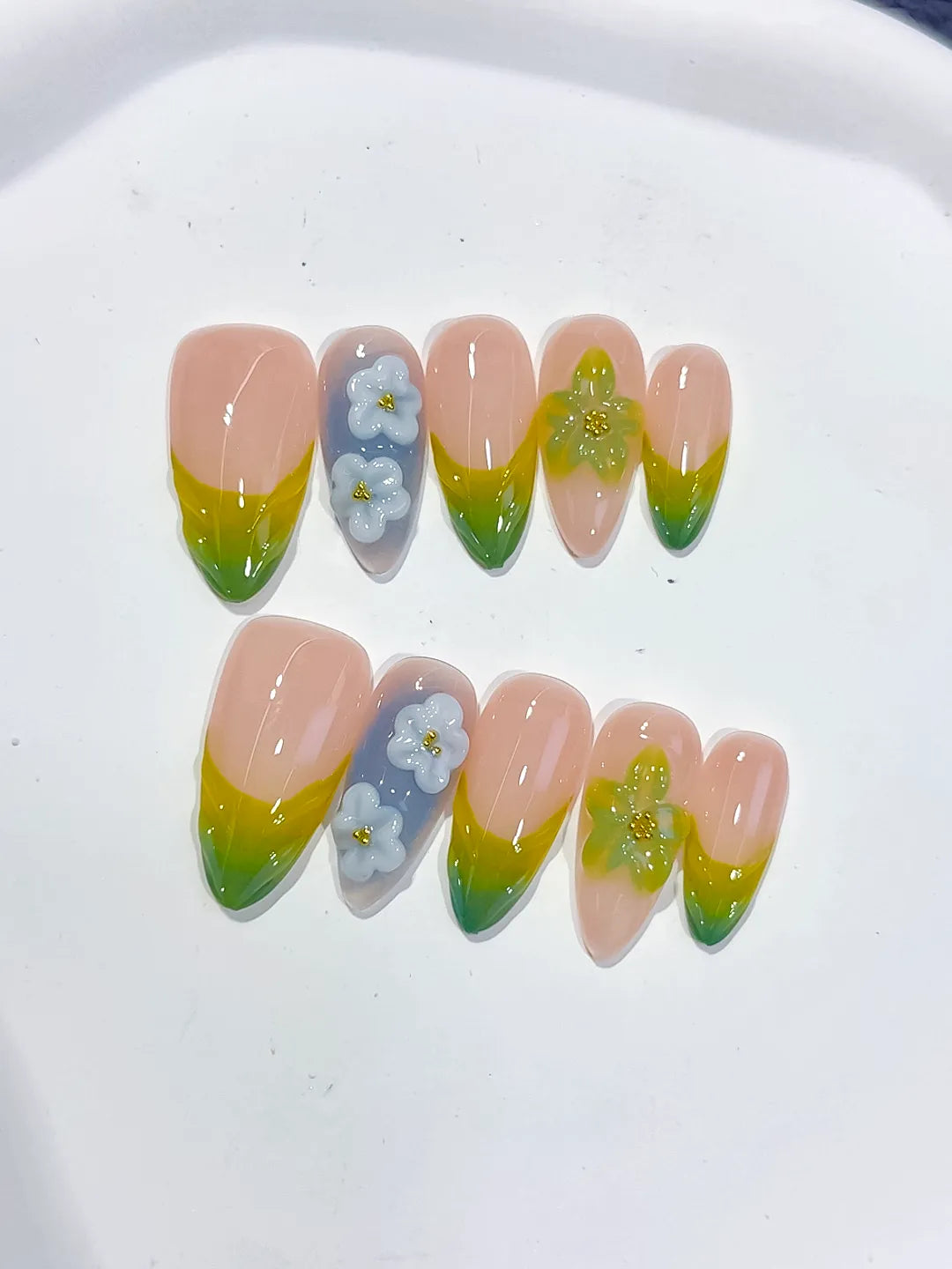 Nude Green Yellow Blue French tip Flower Butterfly press on nails detail view