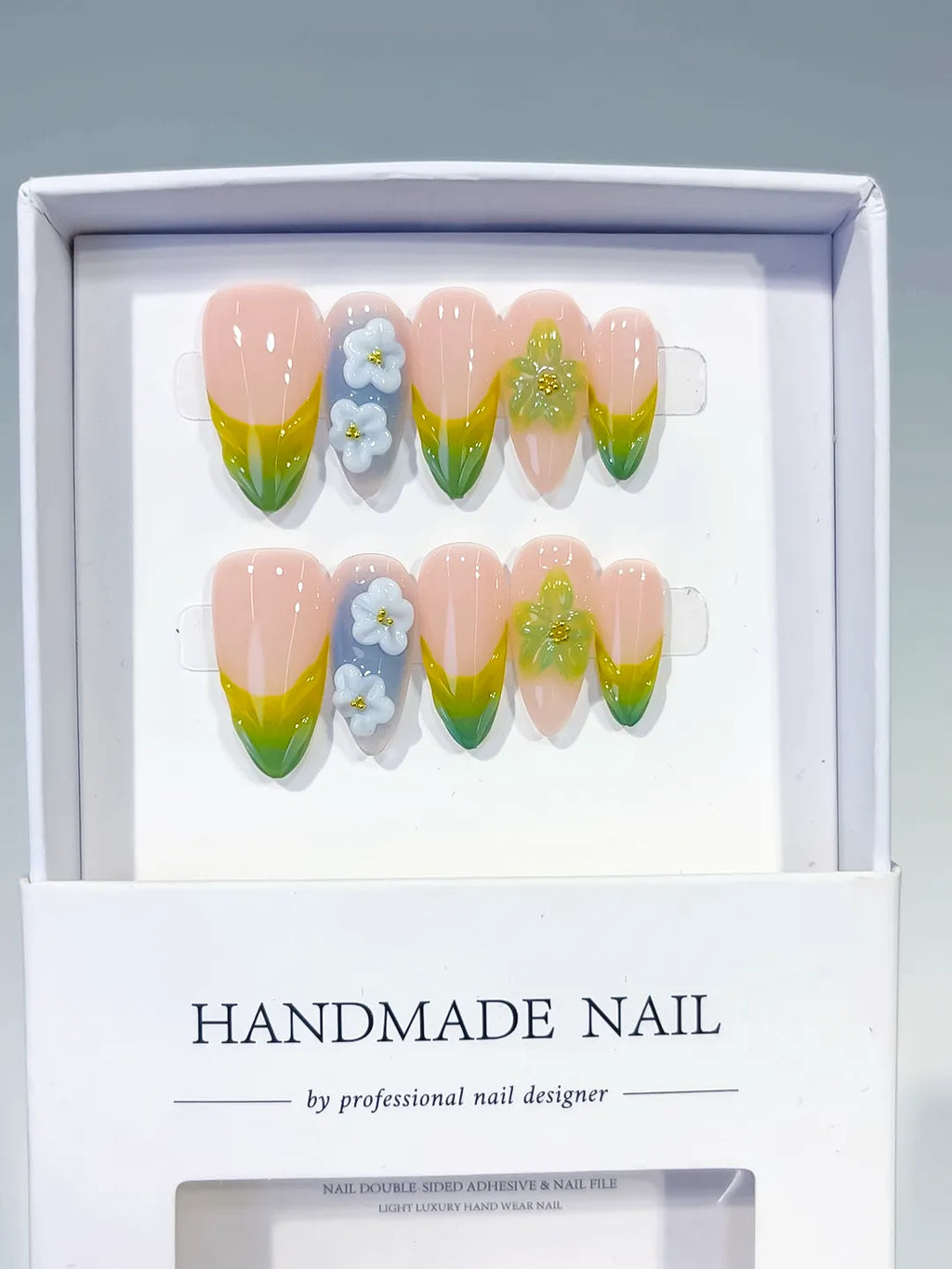 Nude Green Yellow Blue French tip Flower Butterfly press on nails full set view