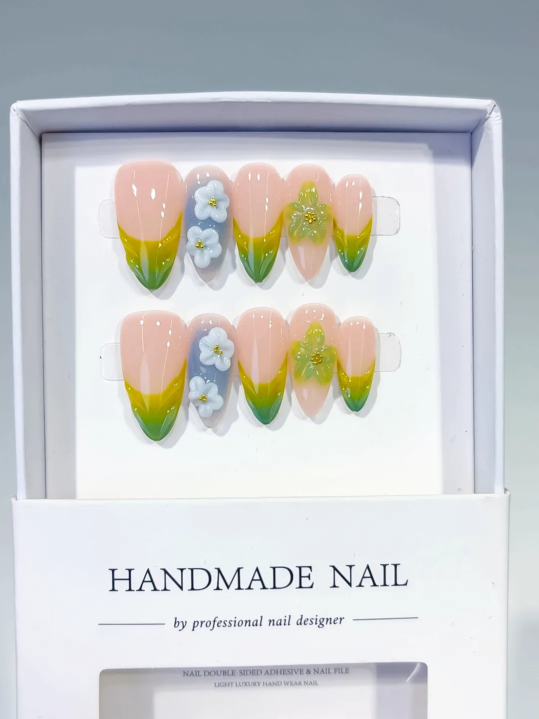 Nude Green Yellow Blue French tip Flower Butterfly press on nails full set view