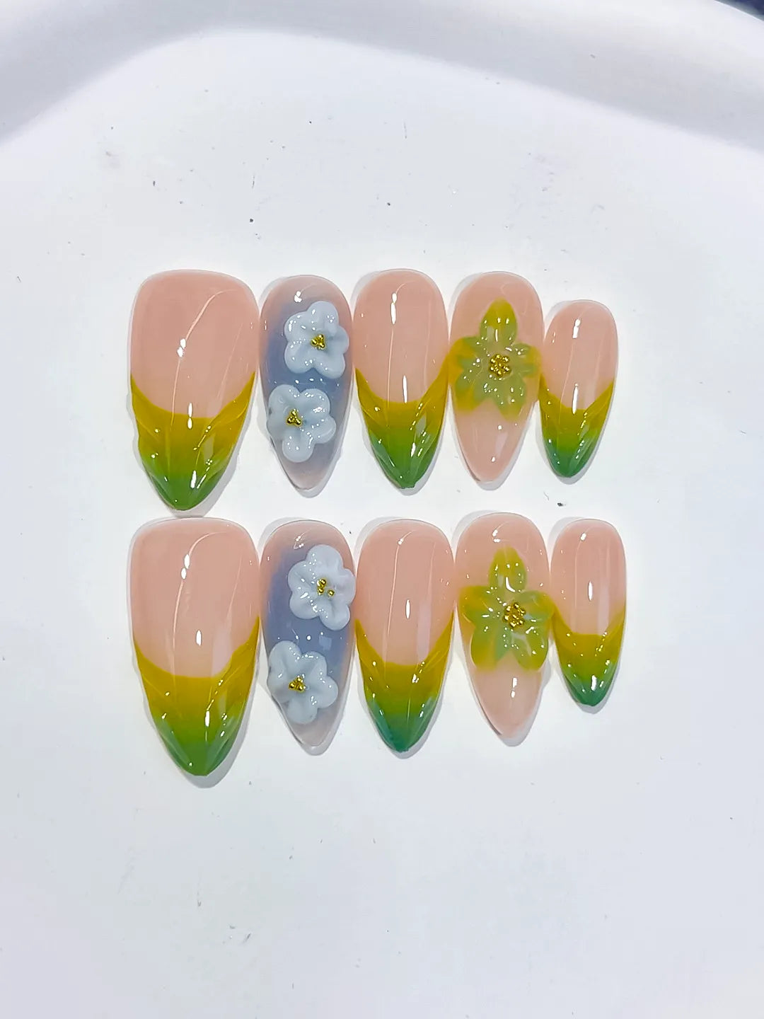Nude Green Yellow Blue French tip Flower Butterfly press on nails detail view